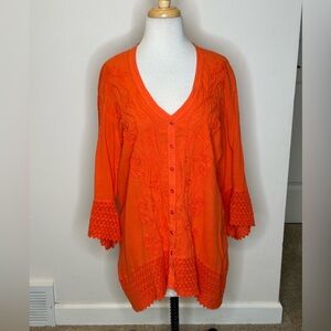 Gretty Zueger Boho Langenlook Orange Embroidered Tunic Top Size L